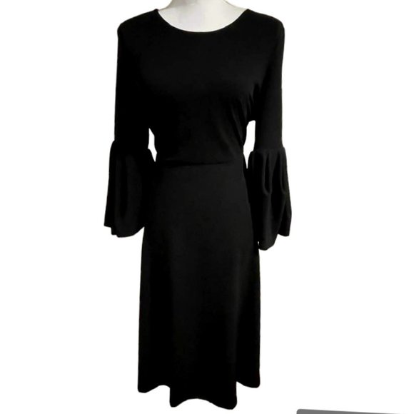Flattering A-line Midi Little Black Dress with Flouncy Sleeves - Picture 1 of 16